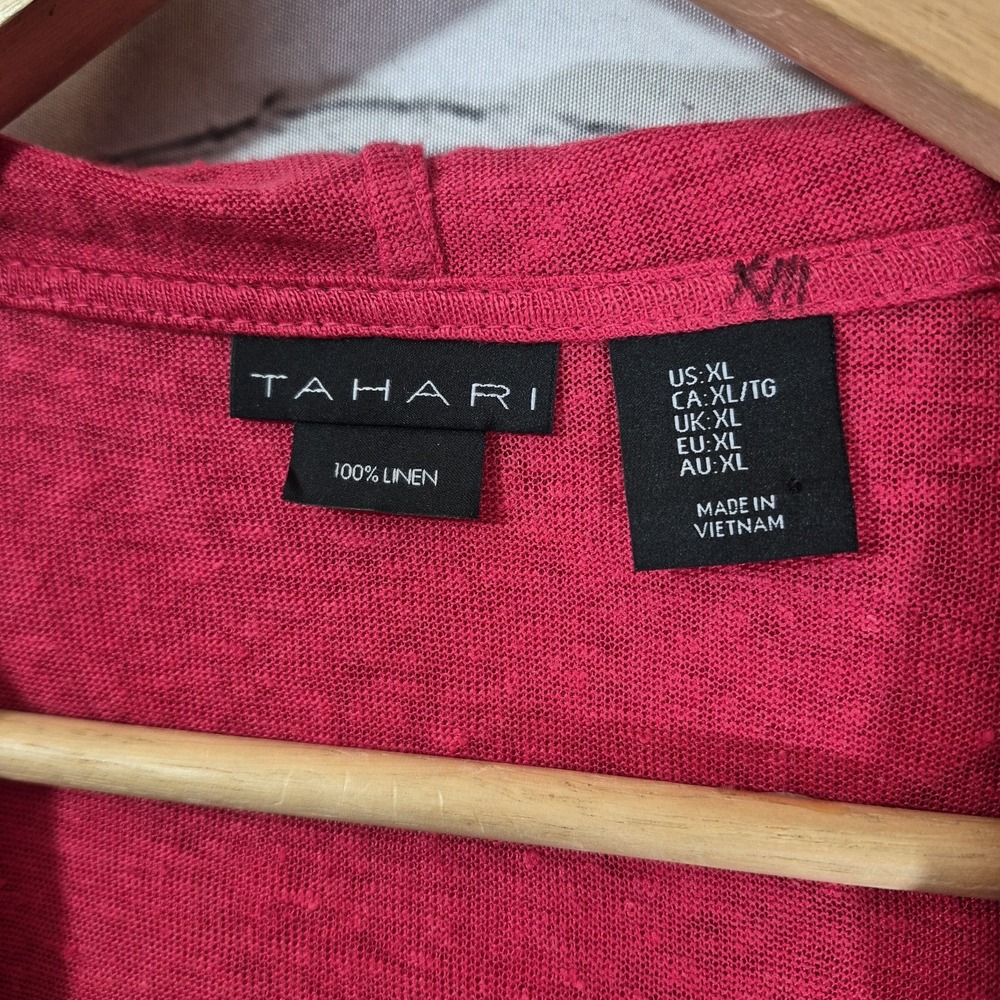 Tahari Women Sweater XL Red 100% Linen Hooded Cardigan Long Sleeve Open Front - Picture 5 of 9